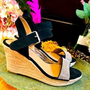 Rhinestone velvet wedge heels